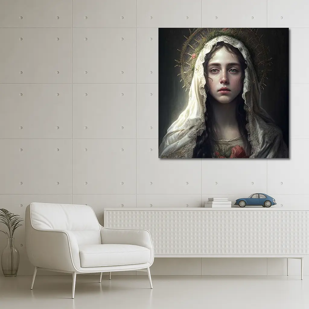 Virgin Mary Portrait Gold Halo Dark Background – Wall Art