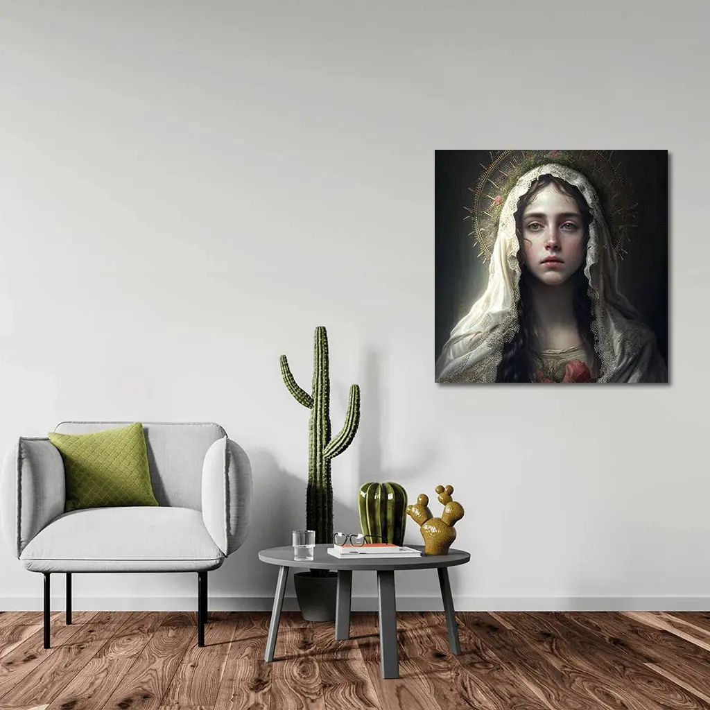 Virgin Mary Portrait Gold Halo Dark Background – Wall Art