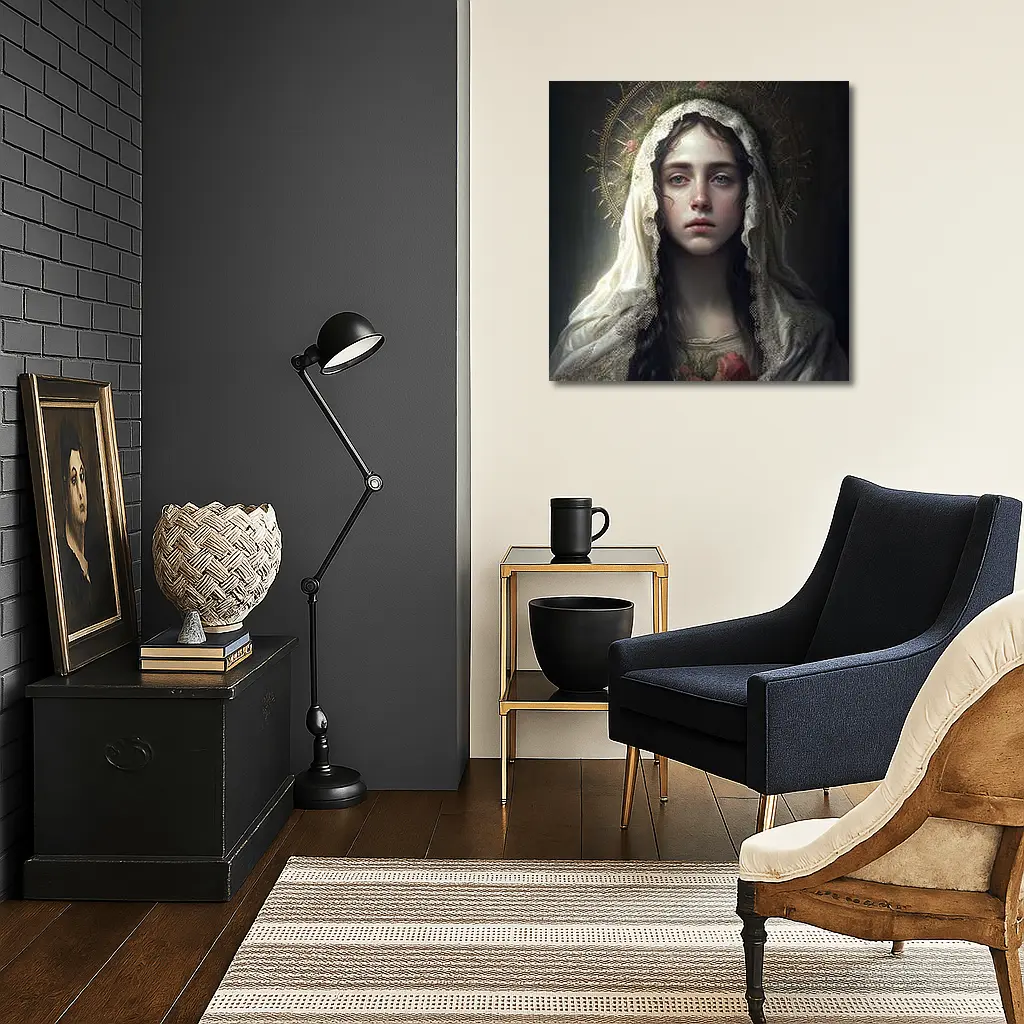 Virgin Mary Portrait Gold Halo Dark Background – Wall Art