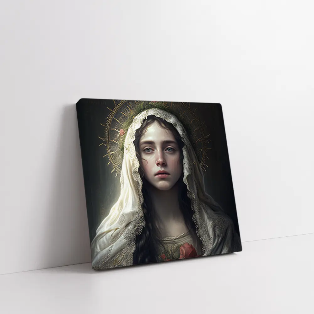 Virgin Mary Portrait Gold Halo Dark Background – Wall Art