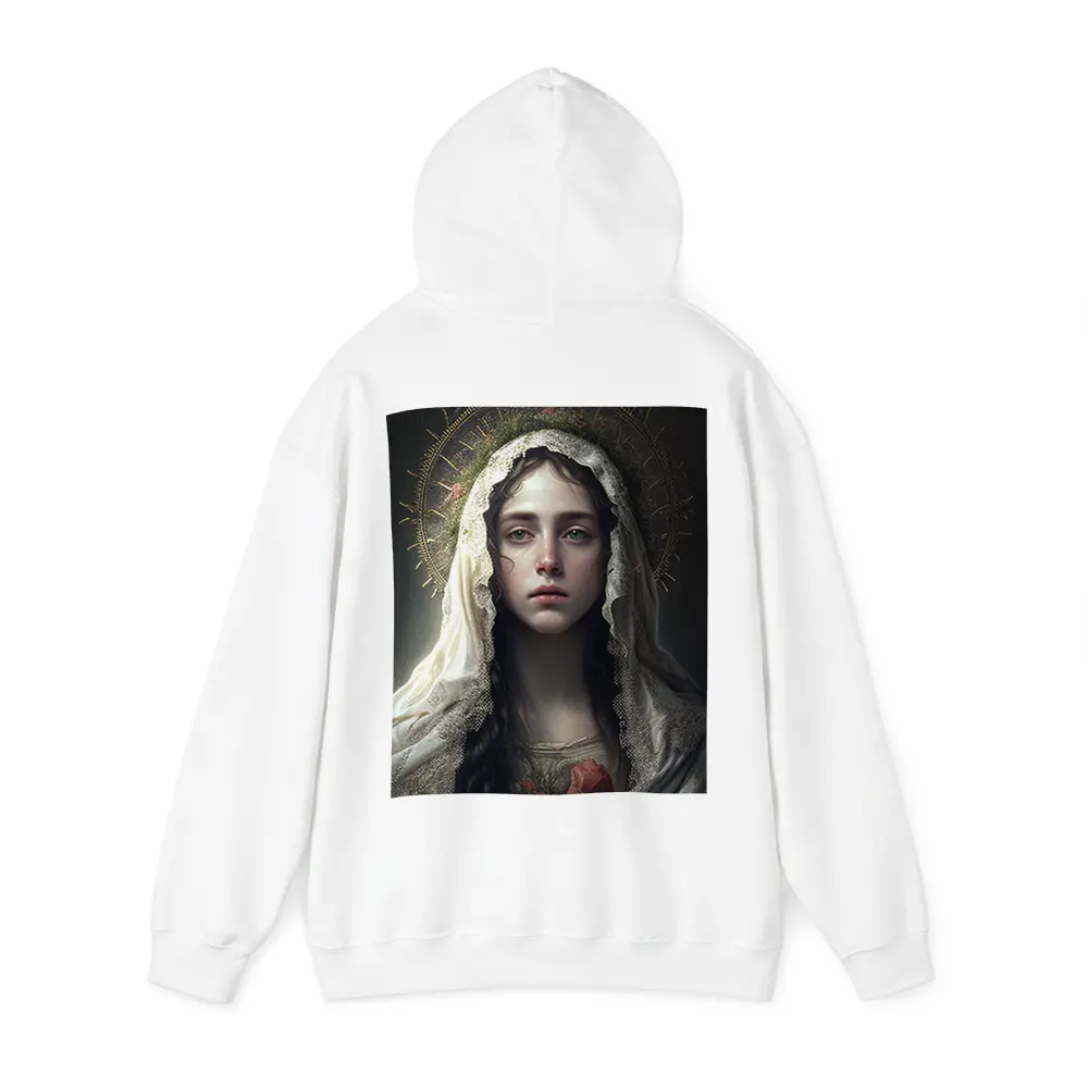 Virgin Mary Portrait Gold Halo Dark Background – Hoodies