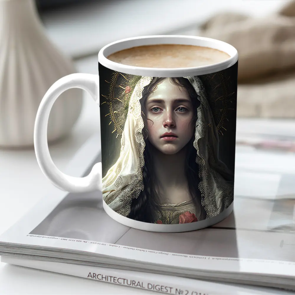 Virgin Mary Portrait Gold Halo Dark Background – Mugs