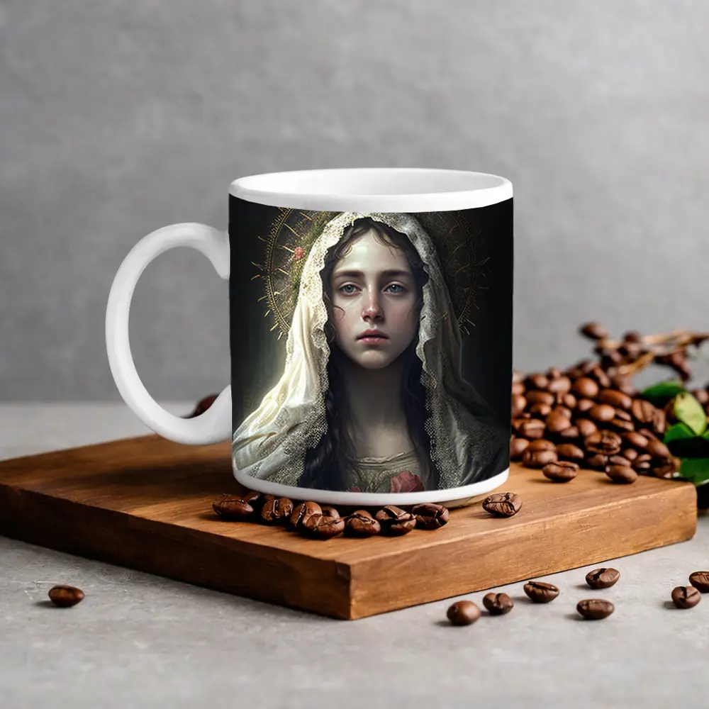 Virgin Mary Portrait Gold Halo Dark Background – Mugs