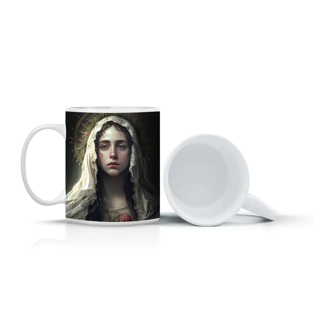 Virgin Mary Portrait Gold Halo Dark Background – Mugs