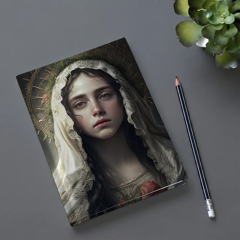 Virgin Mary Portrait Gold Halo Dark Background – Notebooks