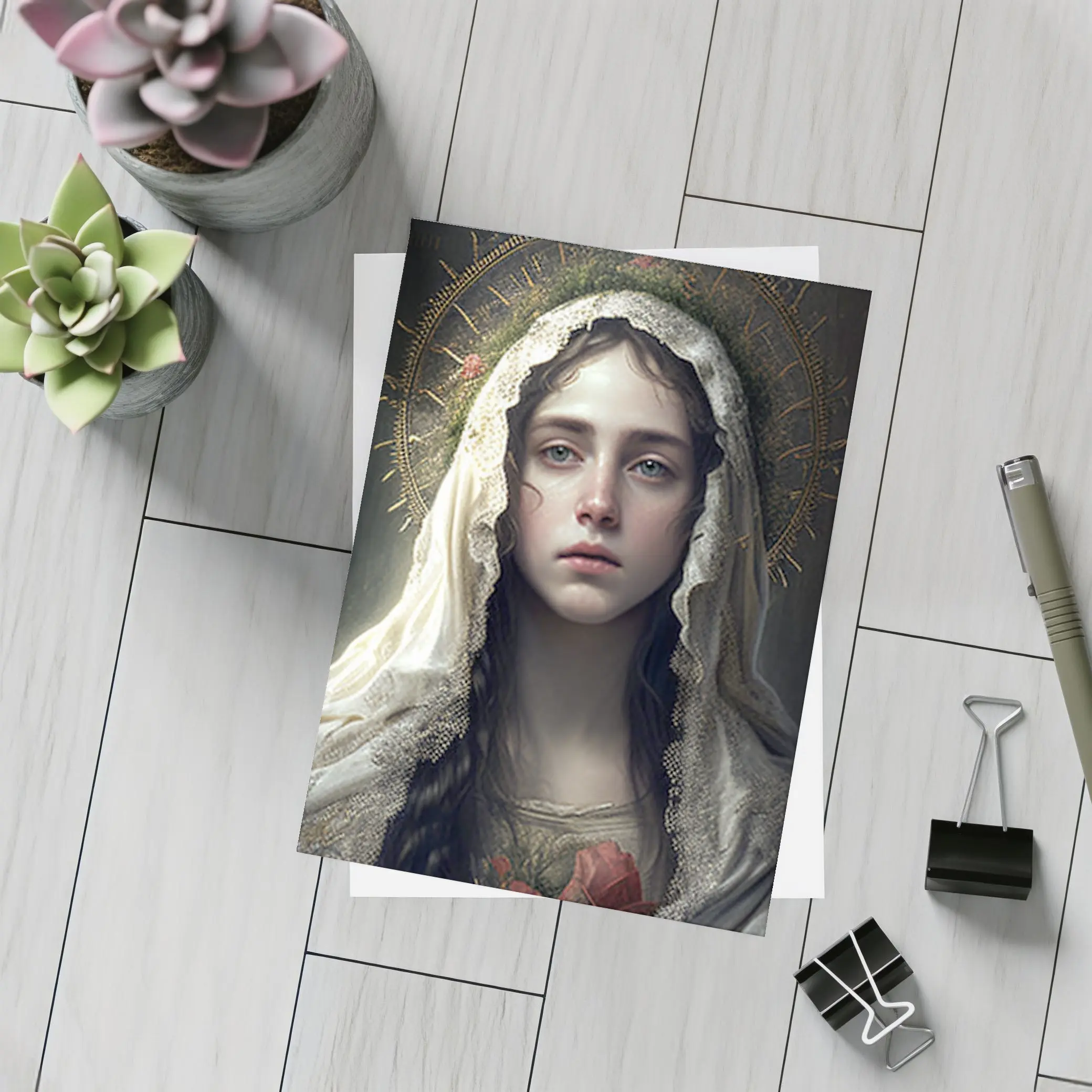 Virgin Mary Portrait Gold Halo Dark Background – Postcards