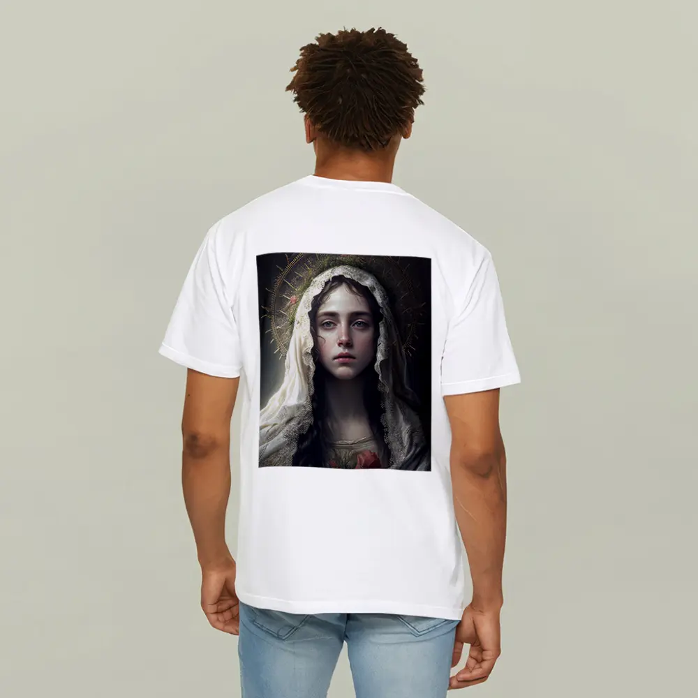 Virgin Mary Portrait Gold Halo Dark Background – T-Shirts