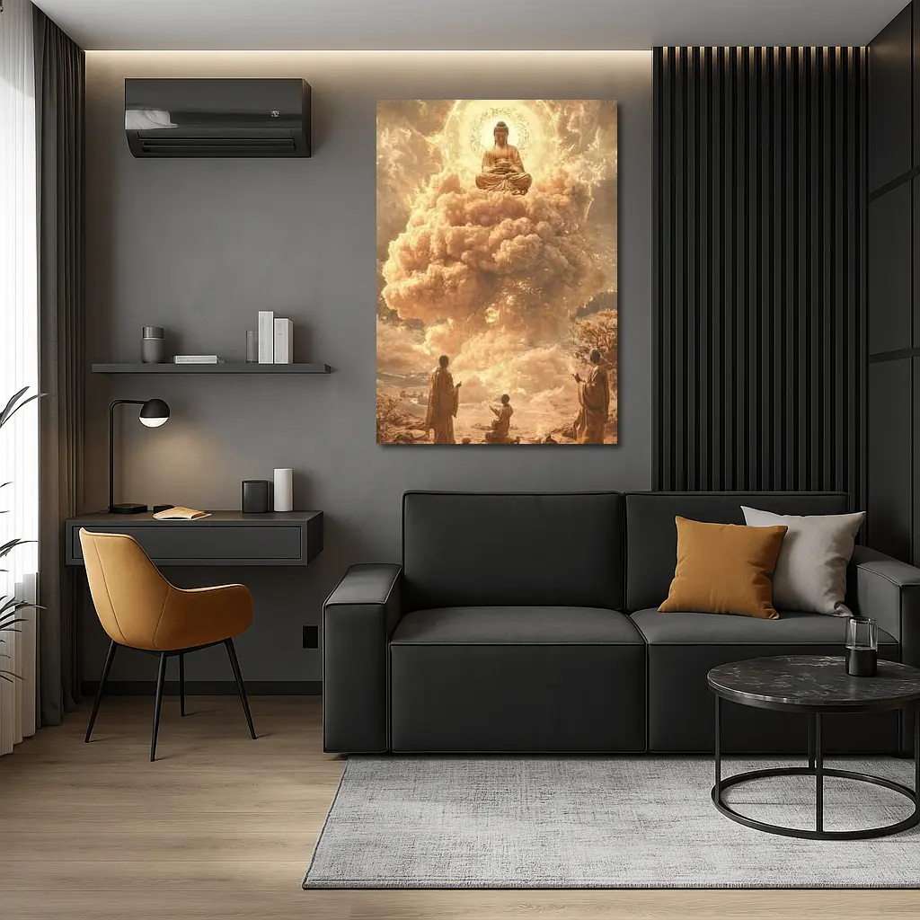 Golden Buddha Floating Above Worshipping Monks – Wall Art