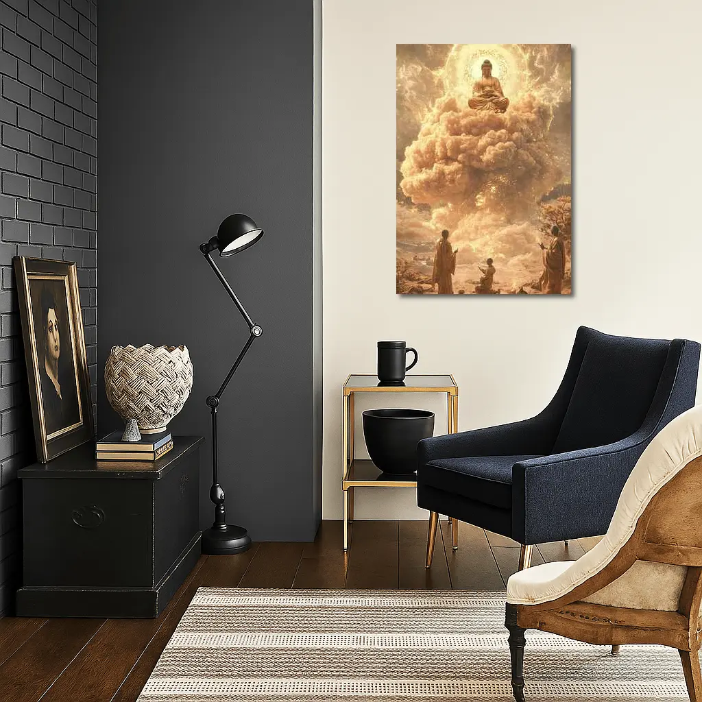 Golden Buddha Floating Above Worshipping Monks – Wall Art