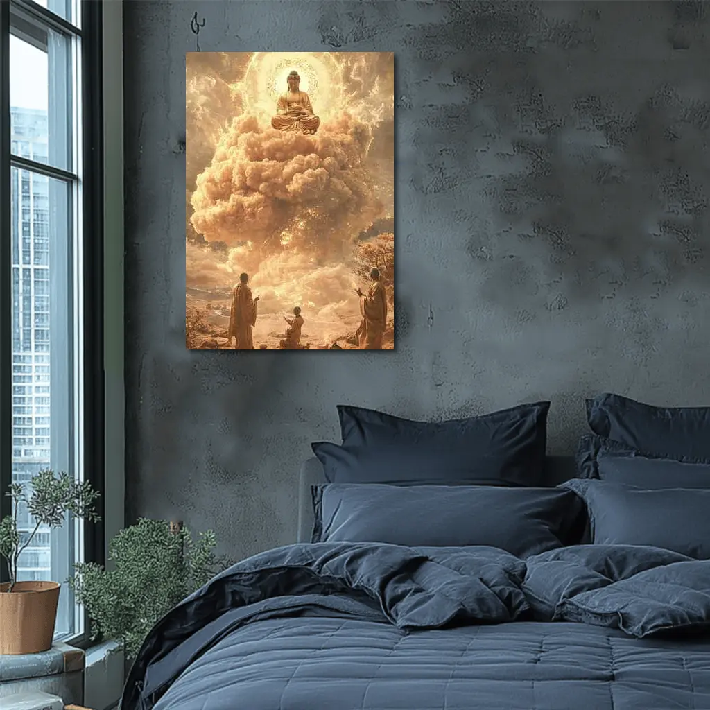 Golden Buddha Floating Above Worshipping Monks – Wall Art