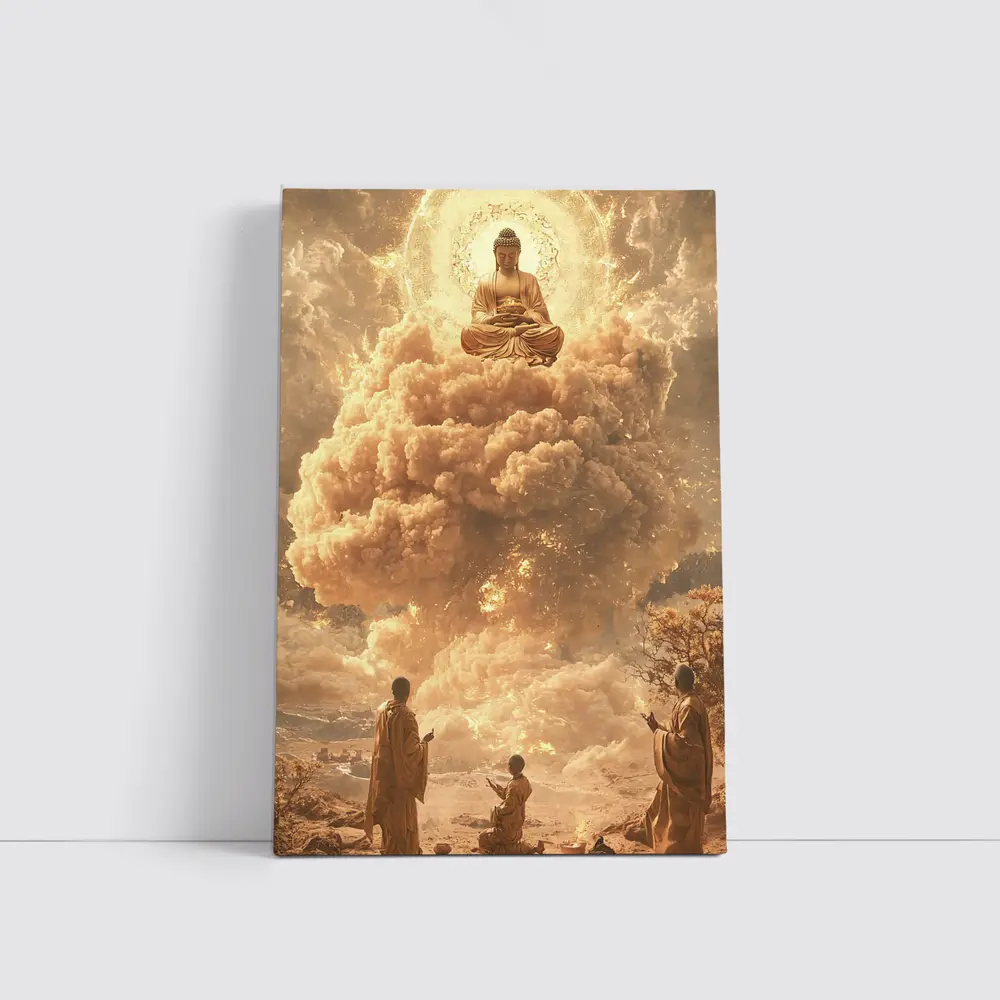 Golden Buddha Floating Above Worshipping Monks – Wall Art