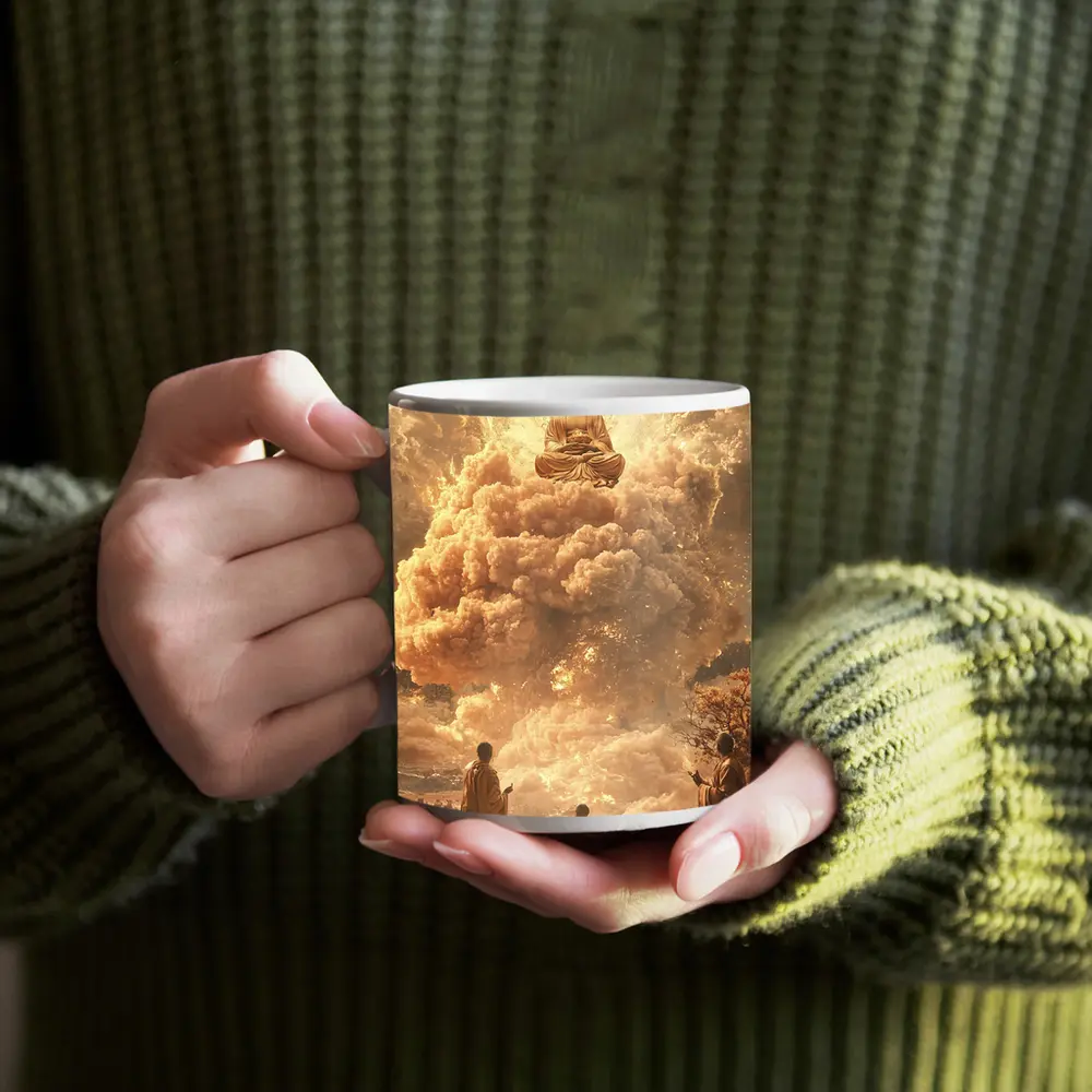 Golden Buddha Floating Above Worshipping Monks – Mugs