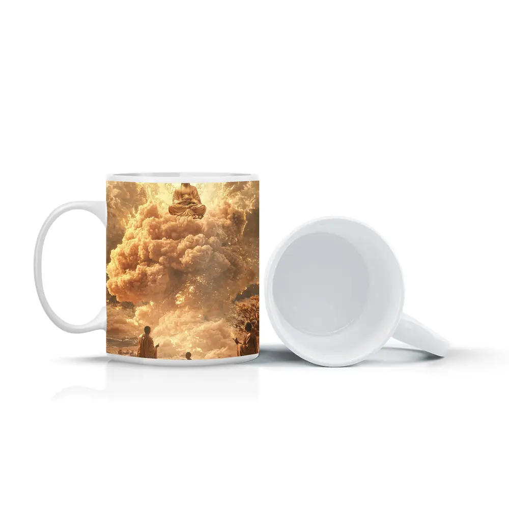 Golden Buddha Floating Above Worshipping Monks – Mugs