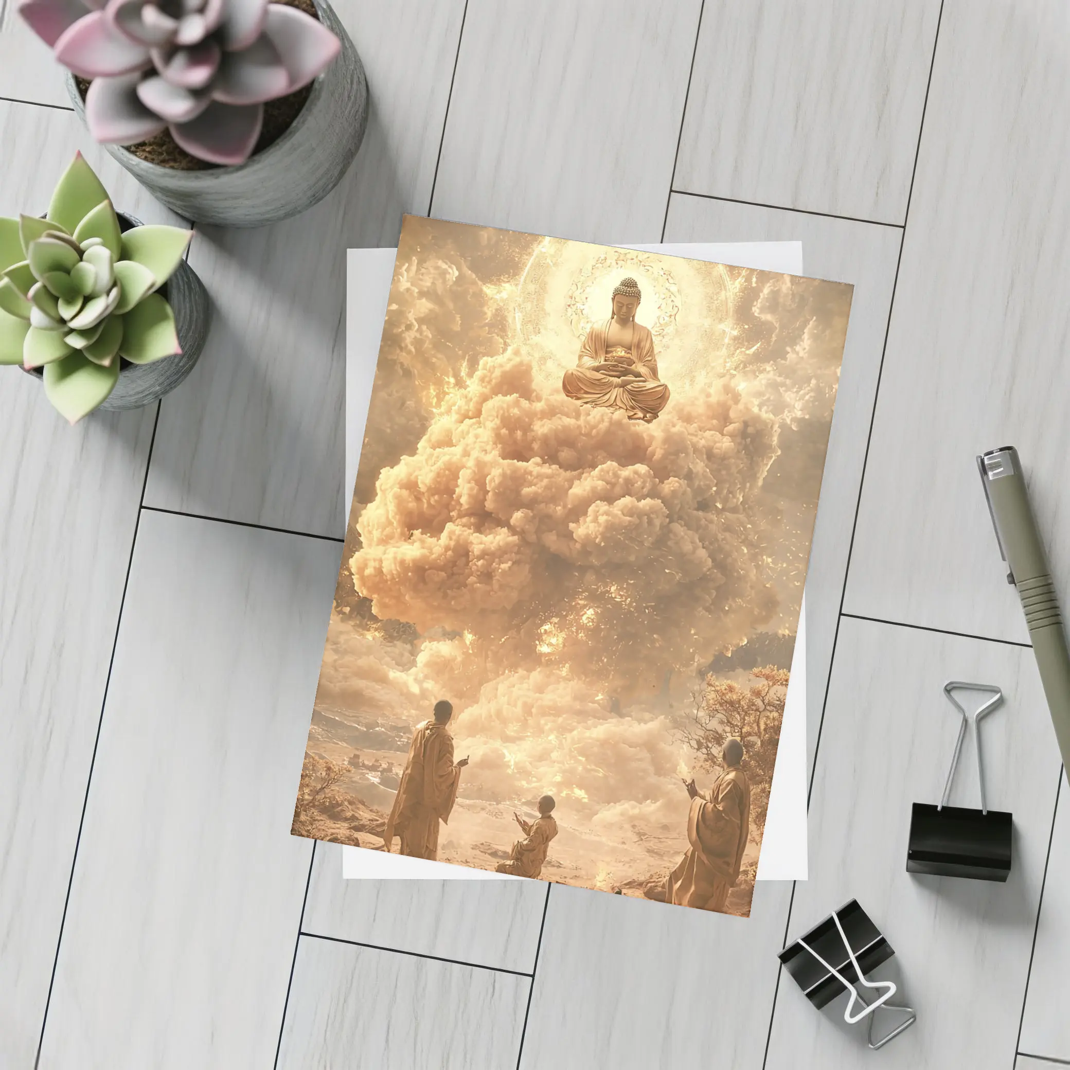 Golden Buddha Floating Above Worshipping Monks – Postcards