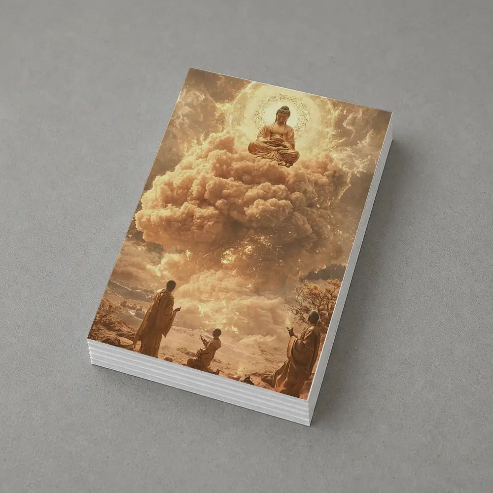 Golden Buddha Floating Above Worshipping Monks – Postcards