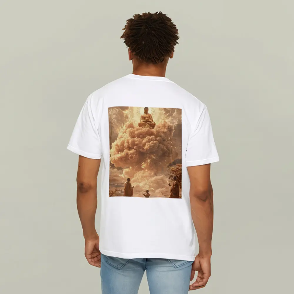 Golden Buddha Floating Above Worshipping Monks – T-Shirts