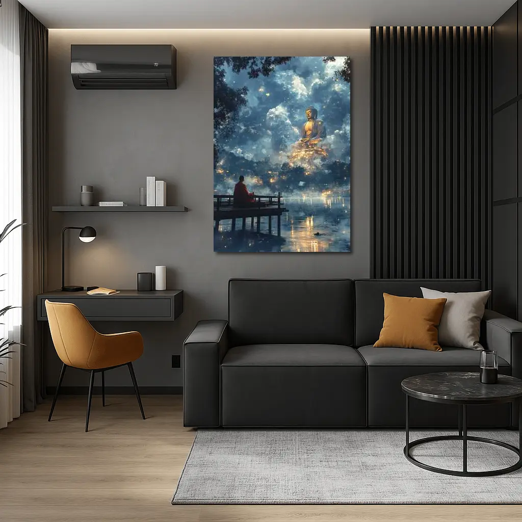 Monk Meditating Before Giant Buddha Clouds – Wall Art