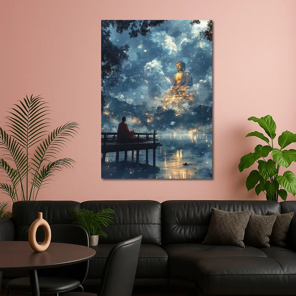 Monk Meditating Before Giant Buddha Clouds – Wall Art
