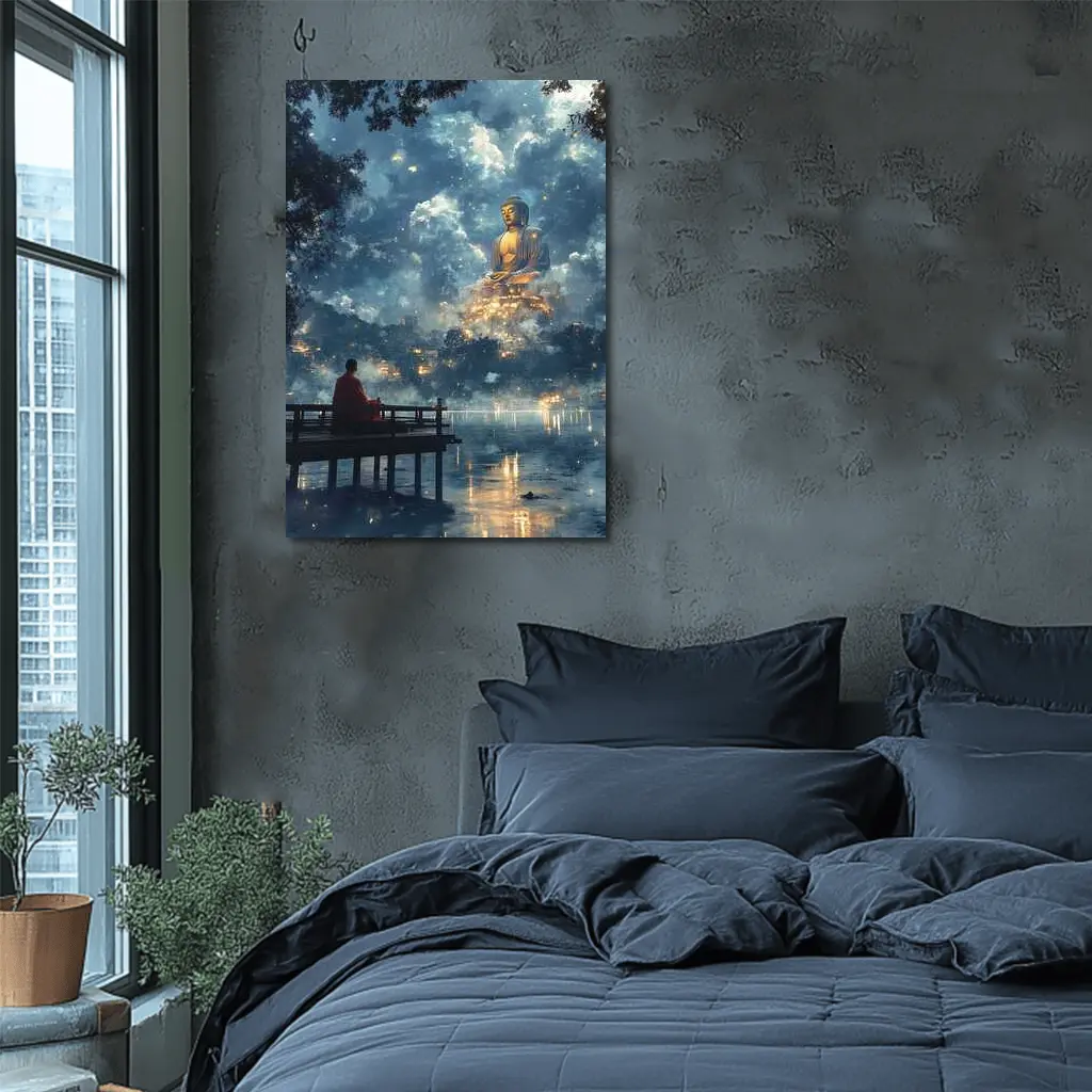 Monk Meditating Before Giant Buddha Clouds – Wall Art