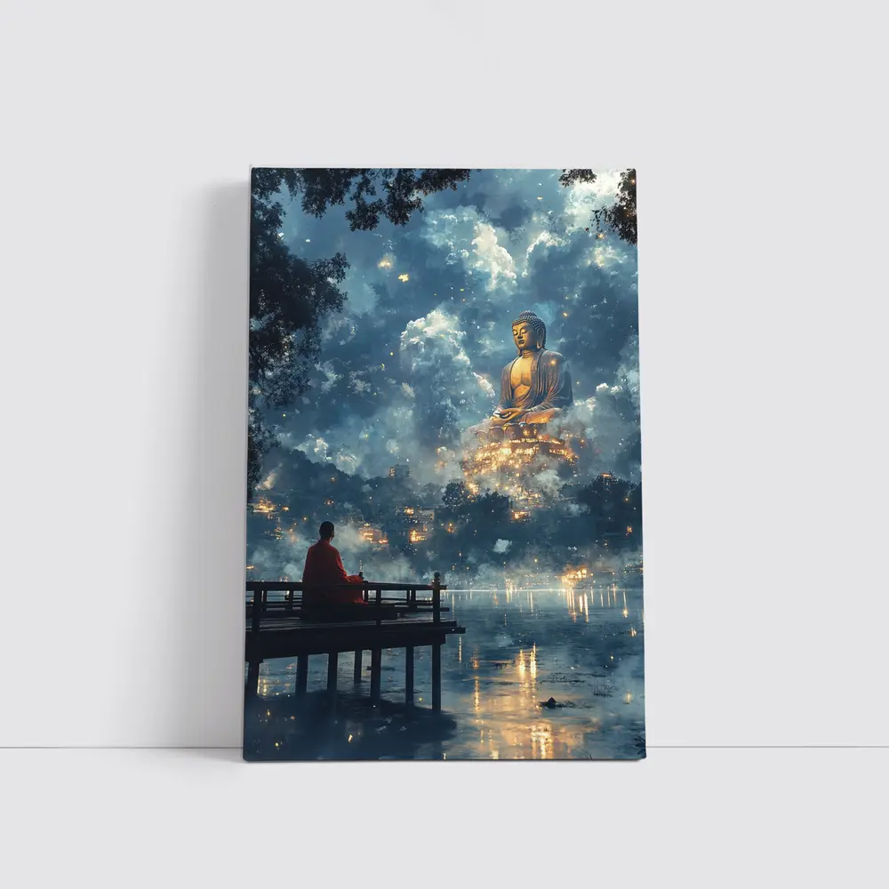 Monk Meditating Before Giant Buddha Clouds – Wall Art