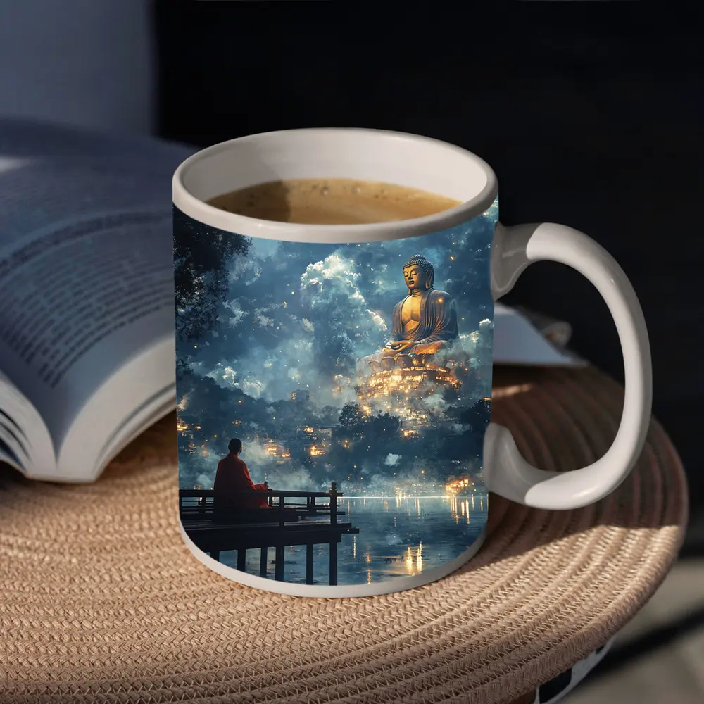 Monk Meditating Before Giant Buddha Clouds – Mugs
