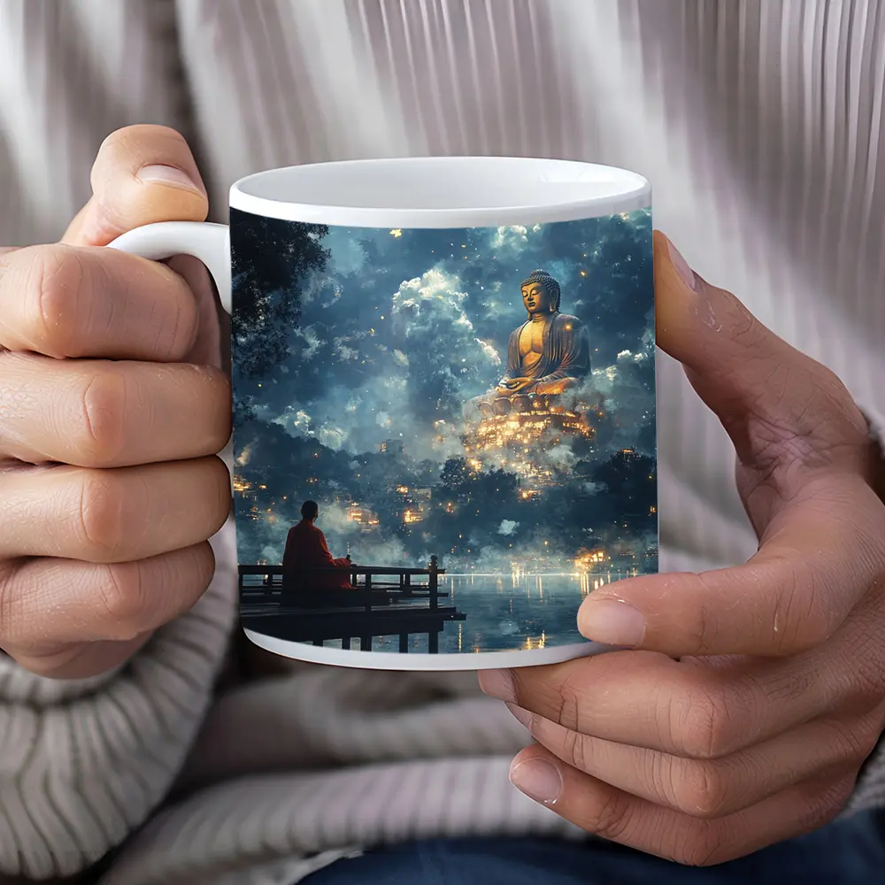 Monk Meditating Before Giant Buddha Clouds – Mugs