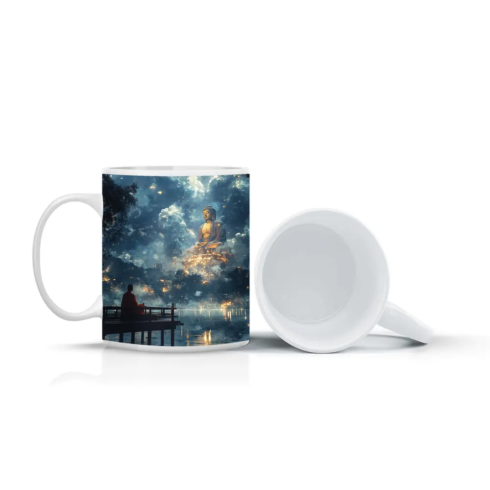 Monk Meditating Before Giant Buddha Clouds – Mugs