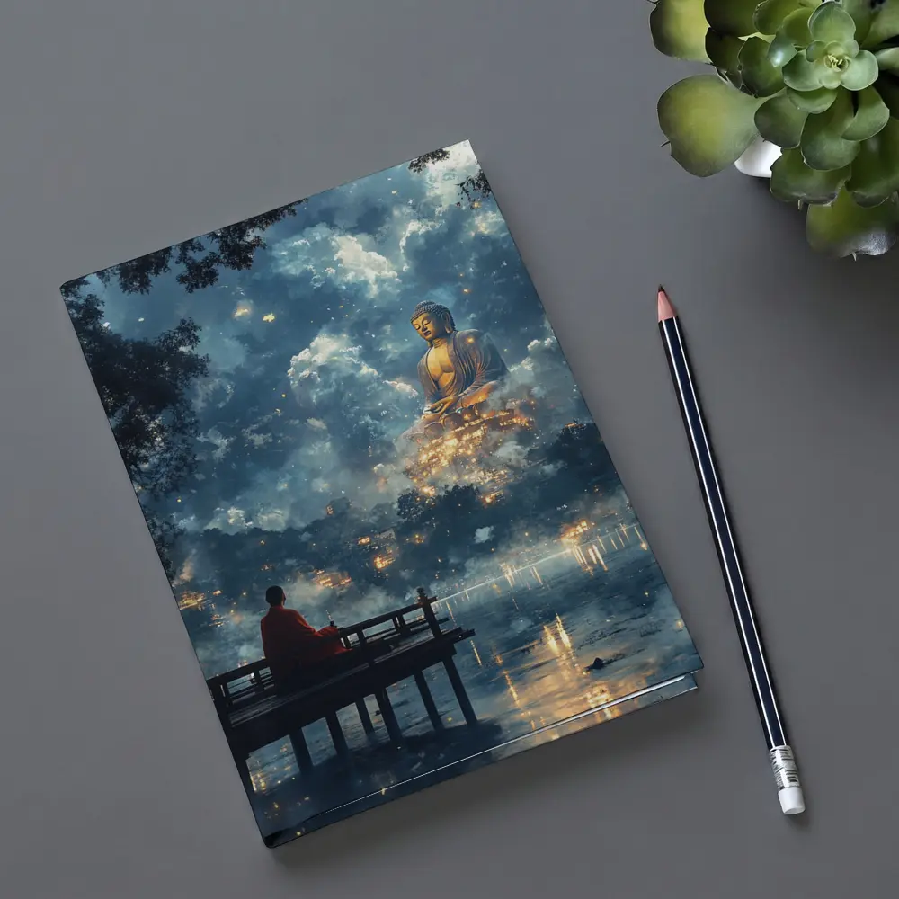 Monk Meditating Before Giant Buddha Clouds – Notebooks