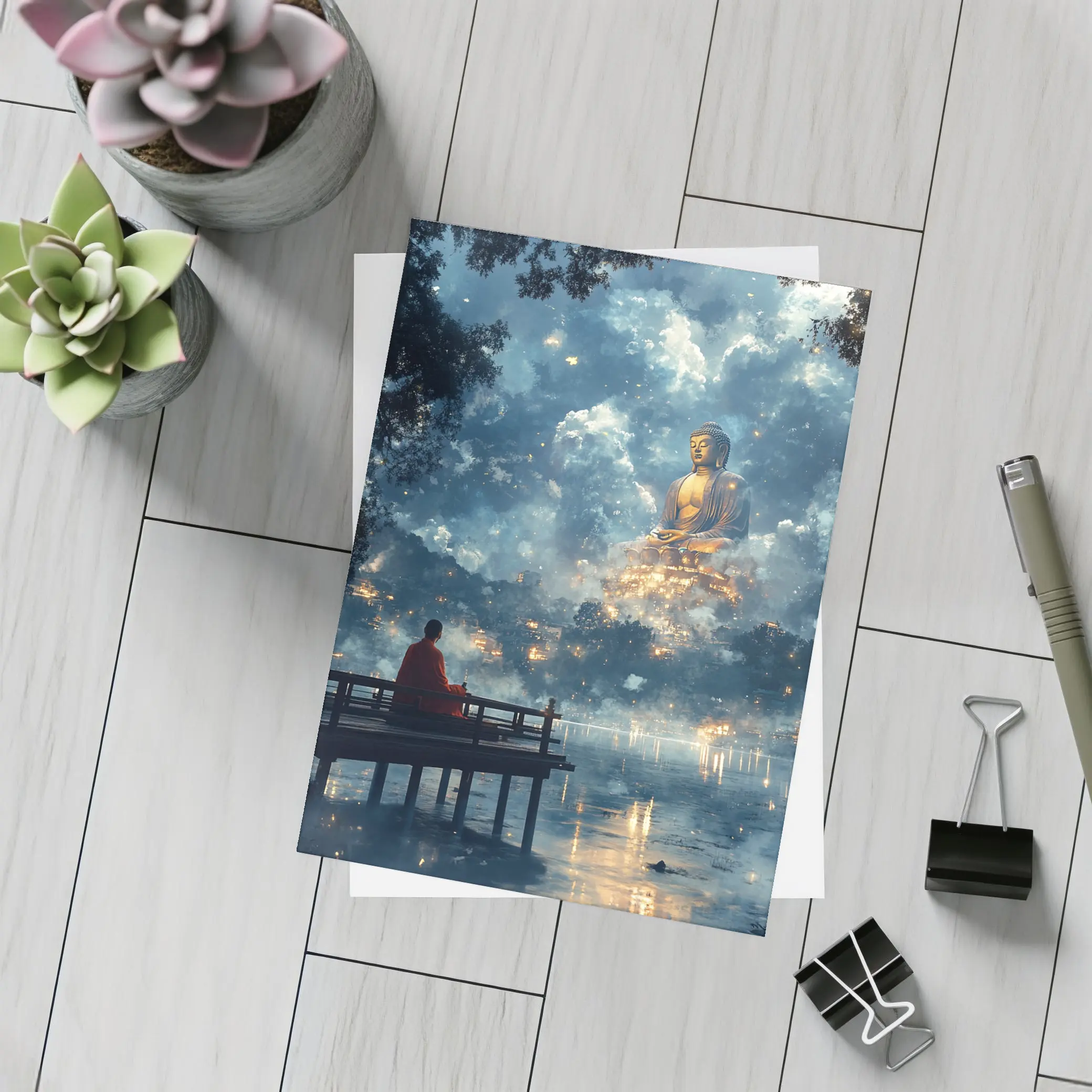 Monk Meditating Before Giant Buddha Clouds – Postcards