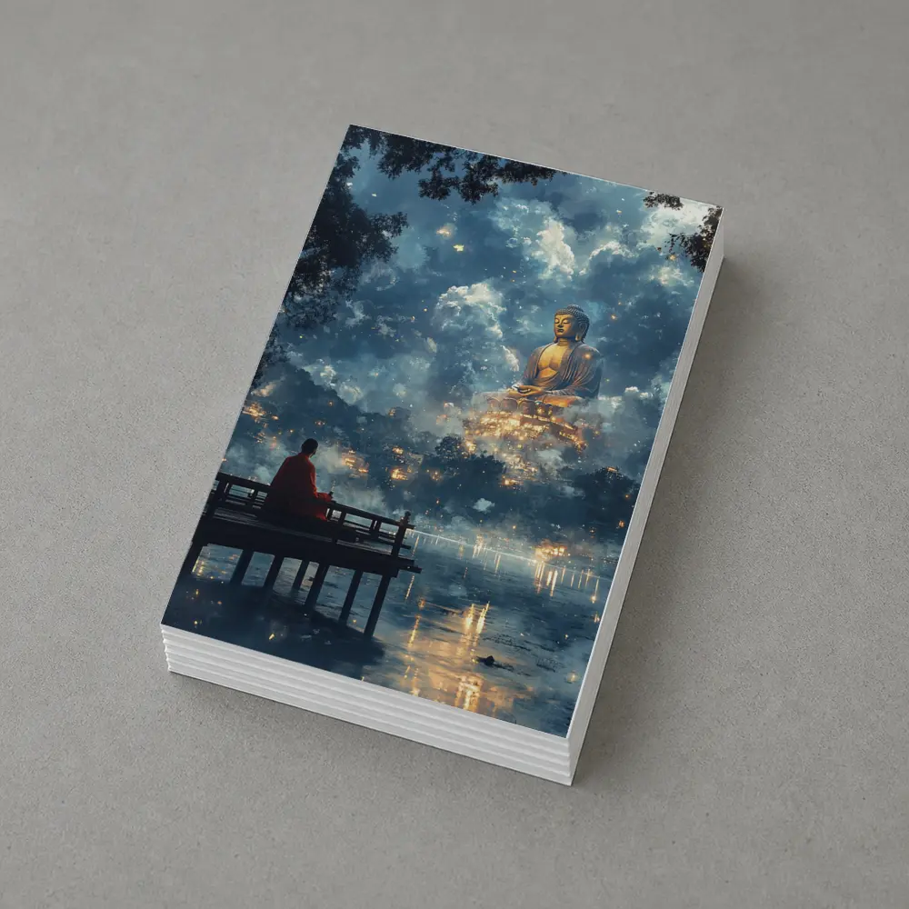 Monk Meditating Before Giant Buddha Clouds – Postcards