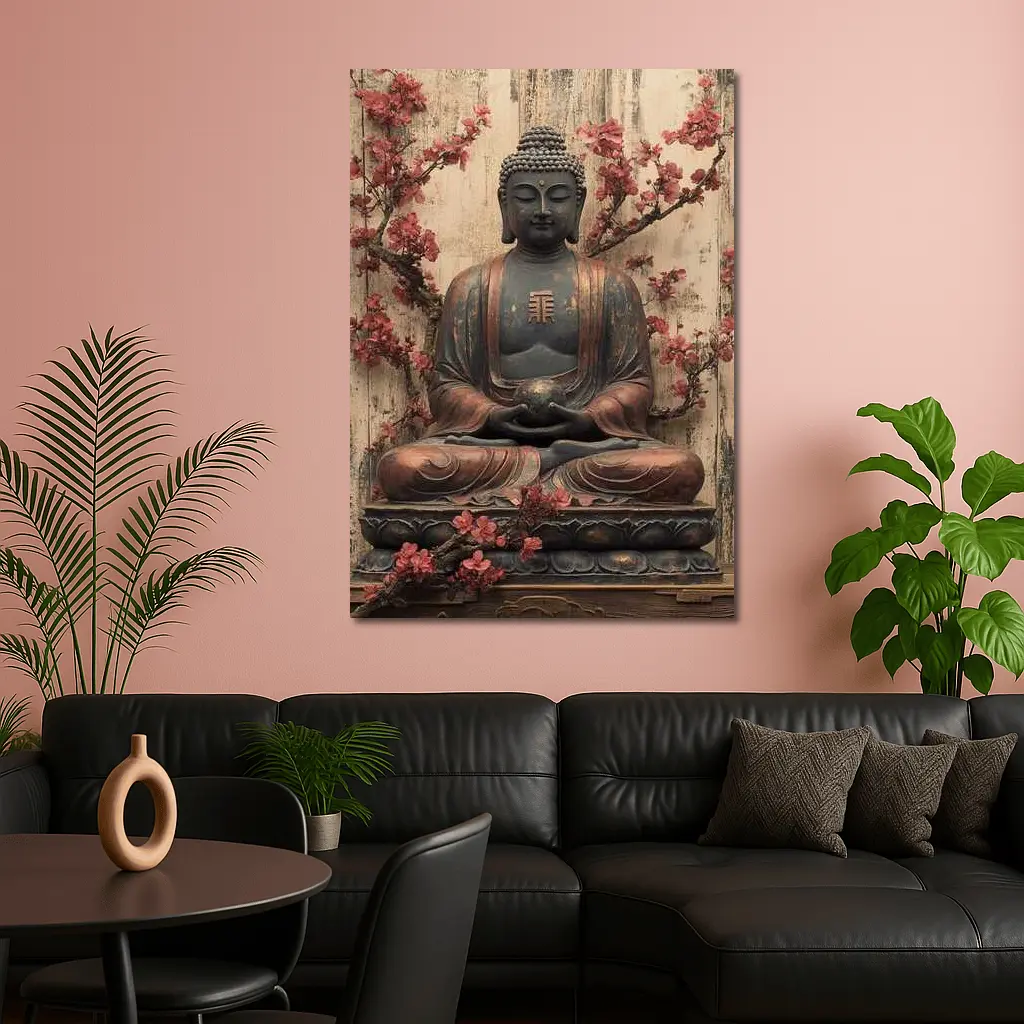 Buddha Statue Cherry Blossoms Rustic Wood Background – Wall Art