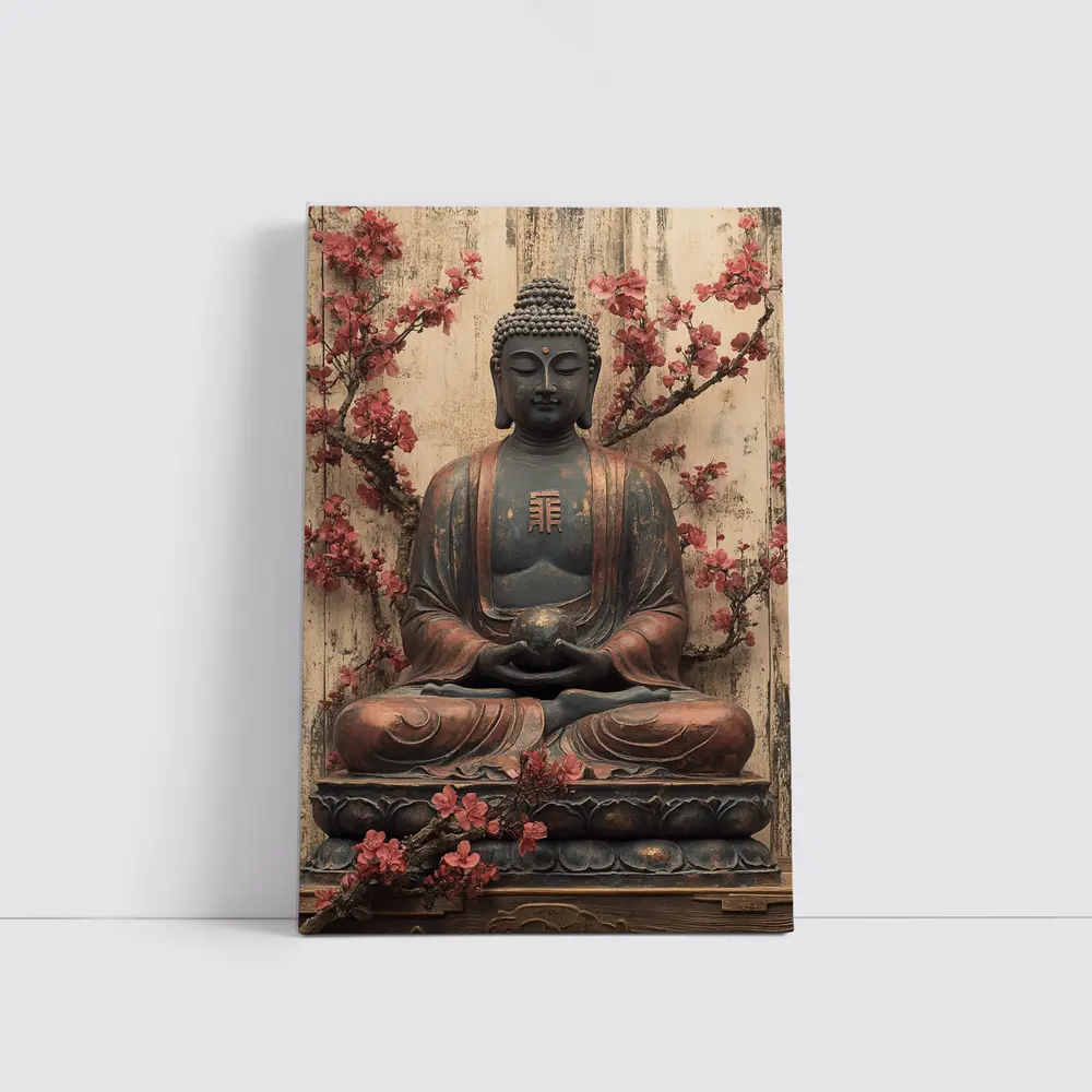 Buddha Statue Cherry Blossoms Rustic Wood Background – Wall Art