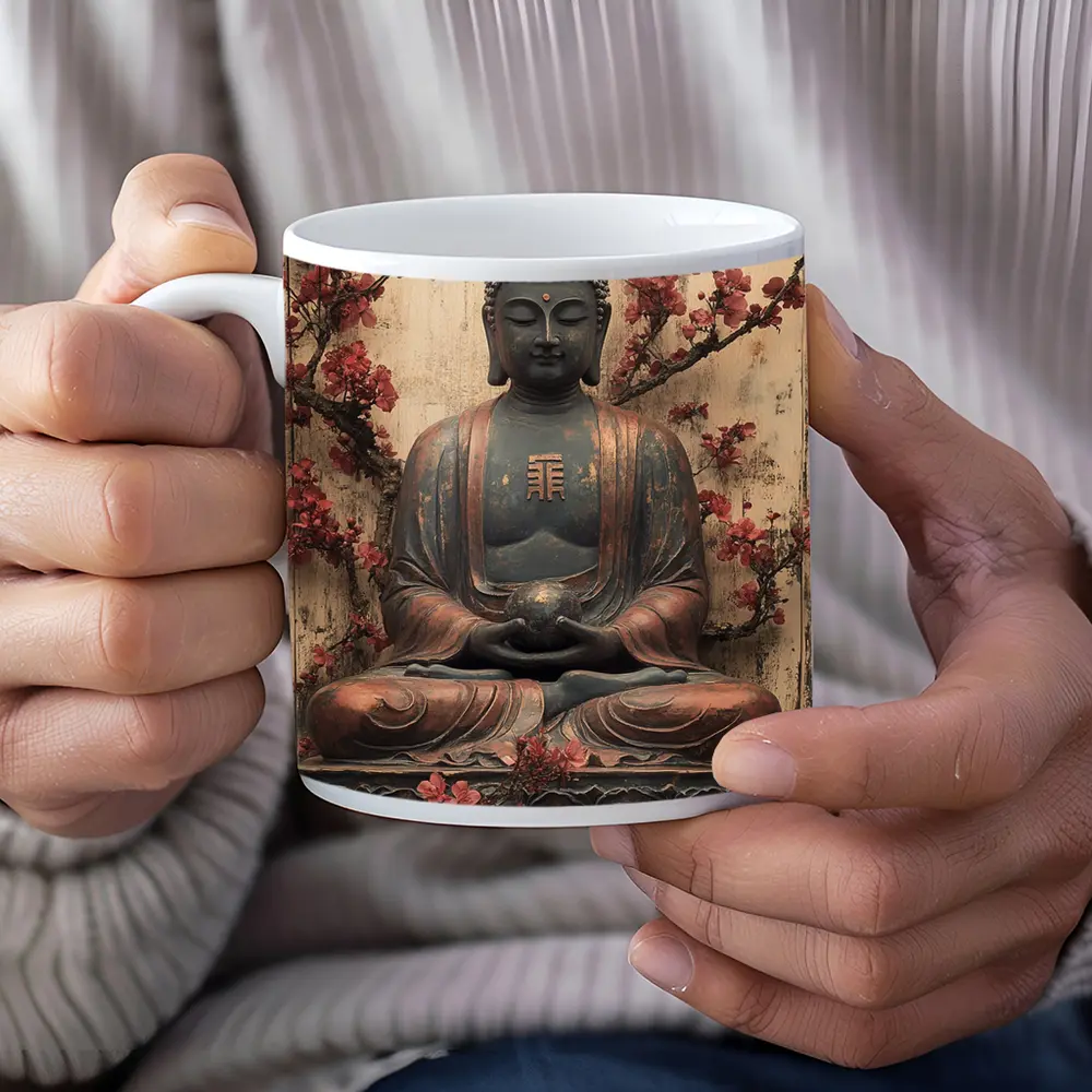 Buddha Statue Cherry Blossoms Rustic Wood Background – Mugs