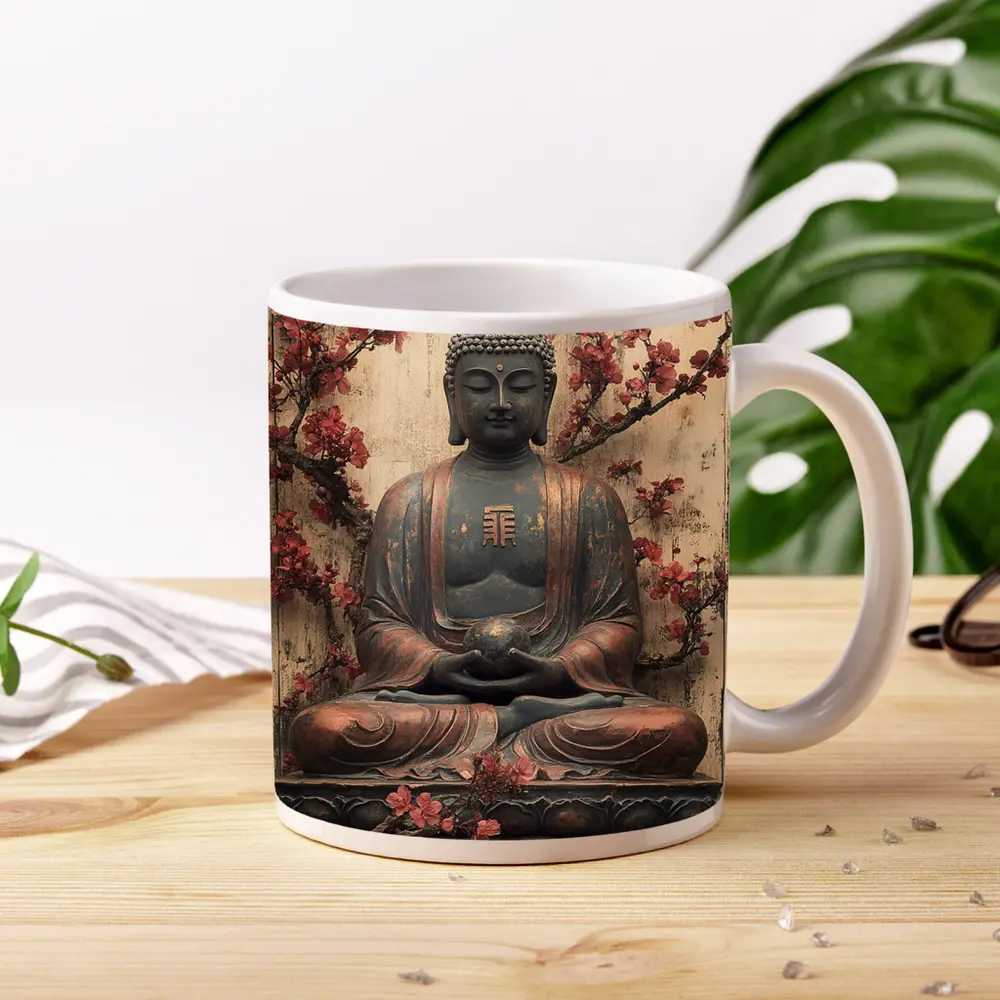 Buddha Statue Cherry Blossoms Rustic Wood Background – Mugs