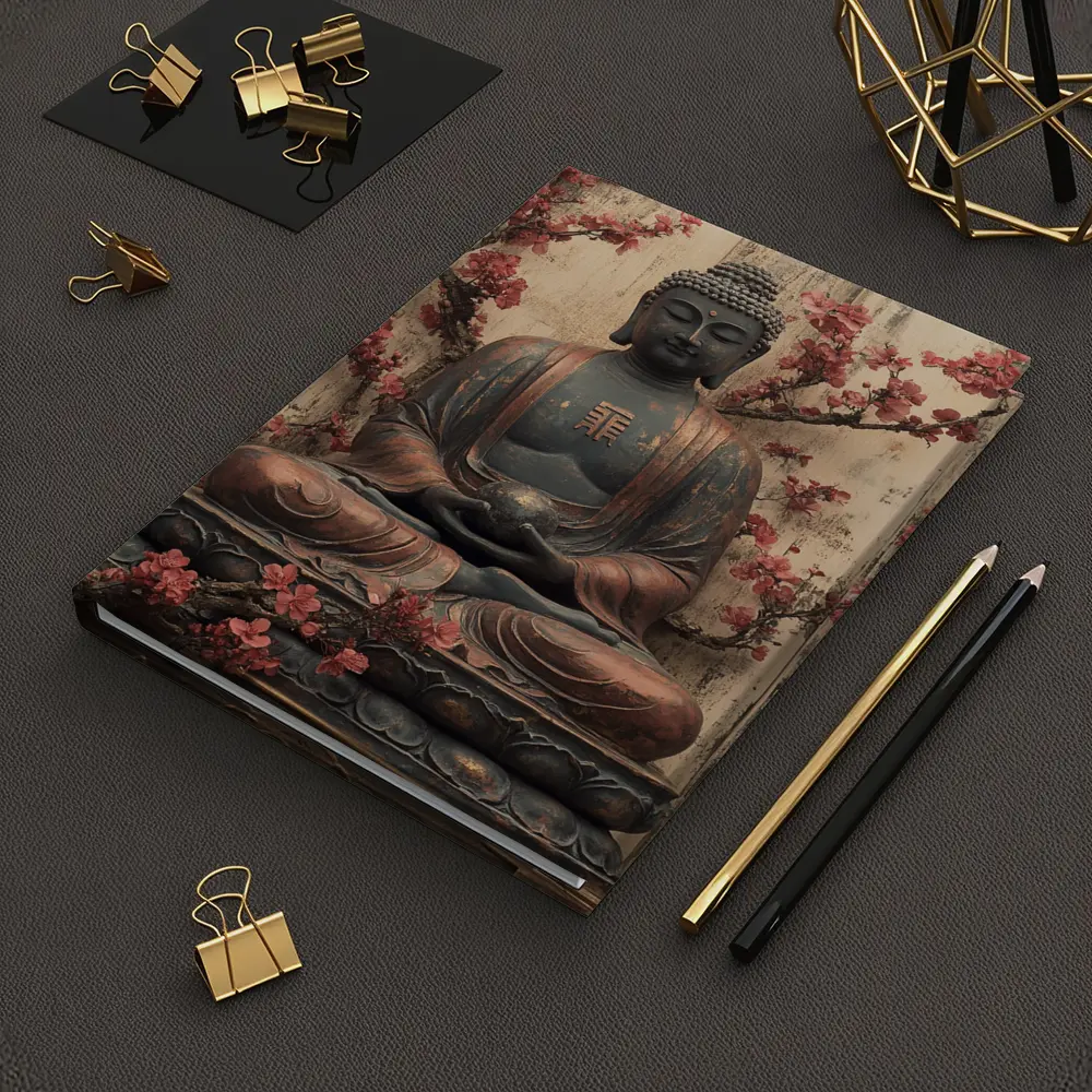 Buddha Statue Cherry Blossoms Rustic Wood Background – Notebooks