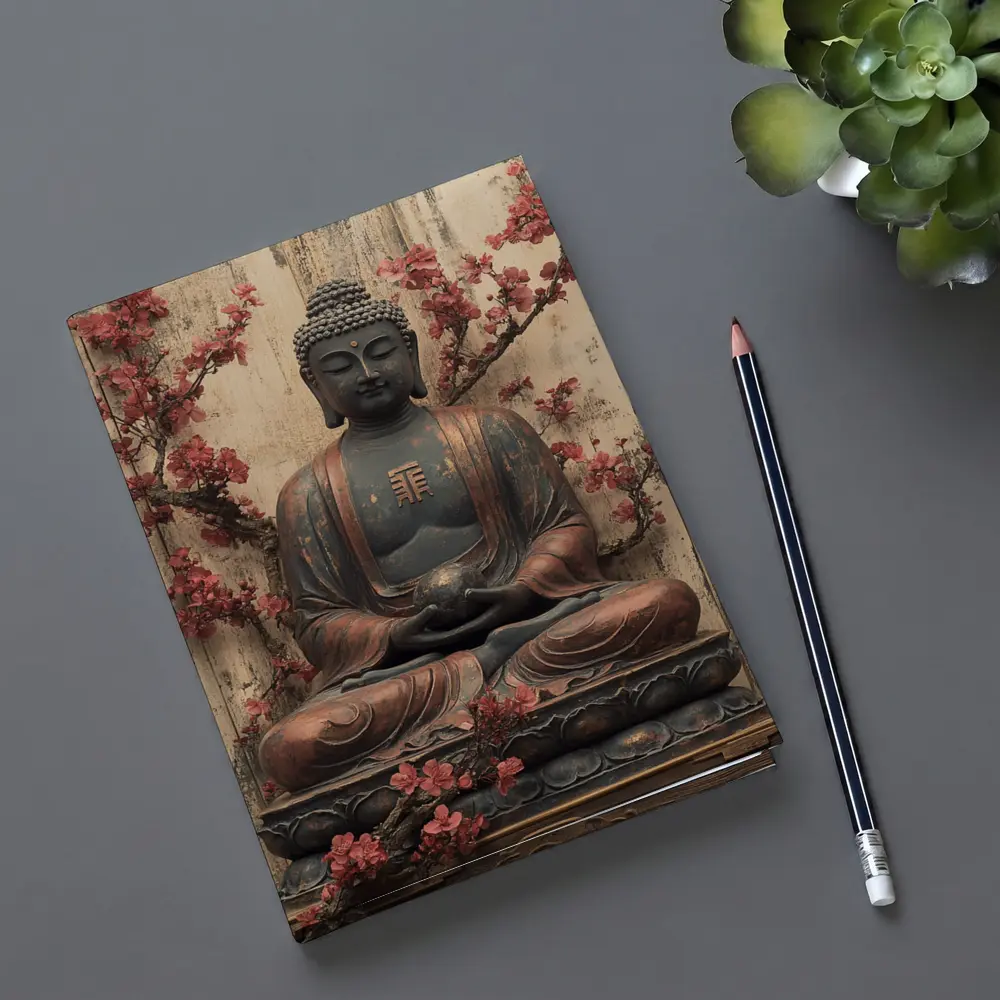 Buddha Statue Cherry Blossoms Rustic Wood Background – Notebooks