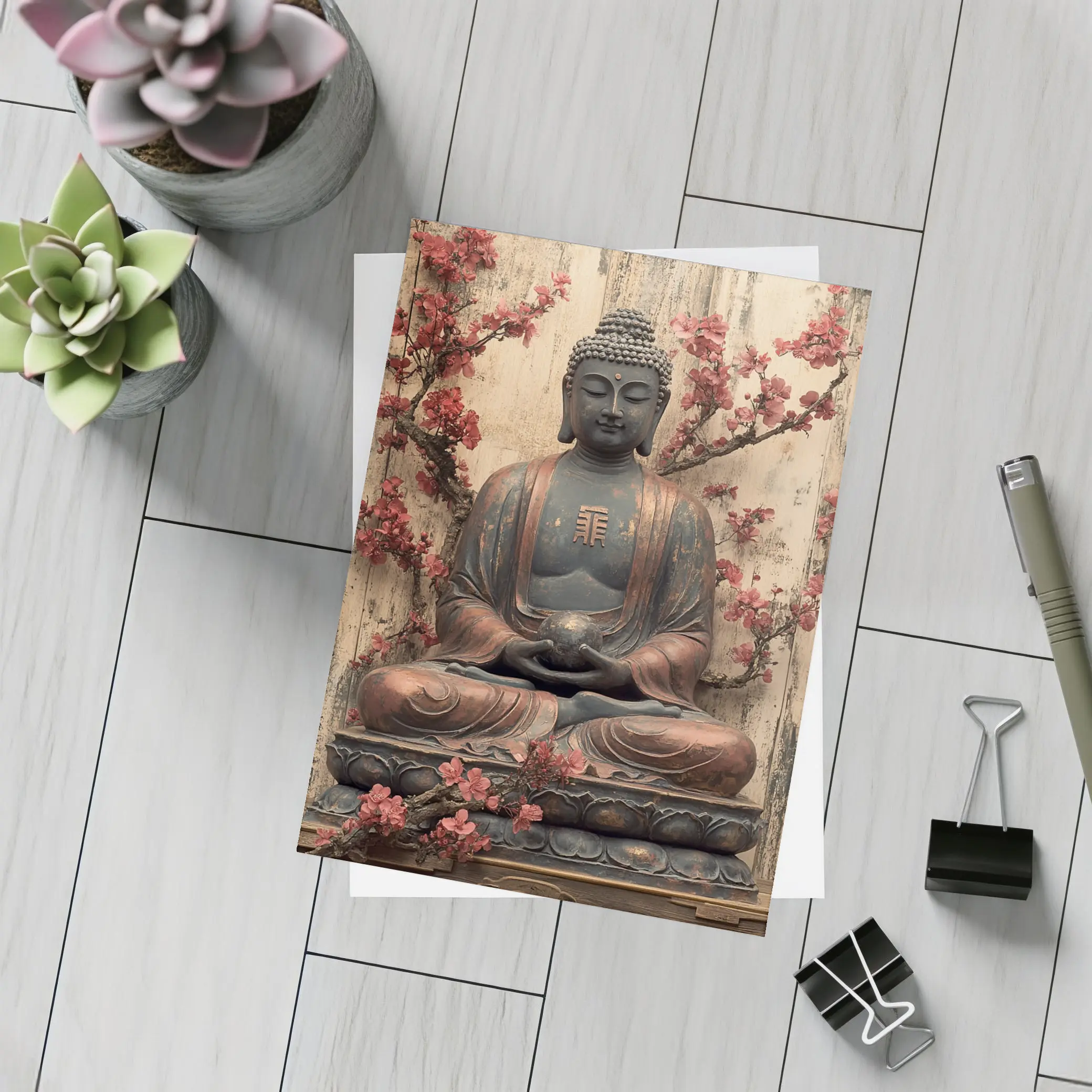 Buddha Statue Cherry Blossoms Rustic Wood Background – Postcards