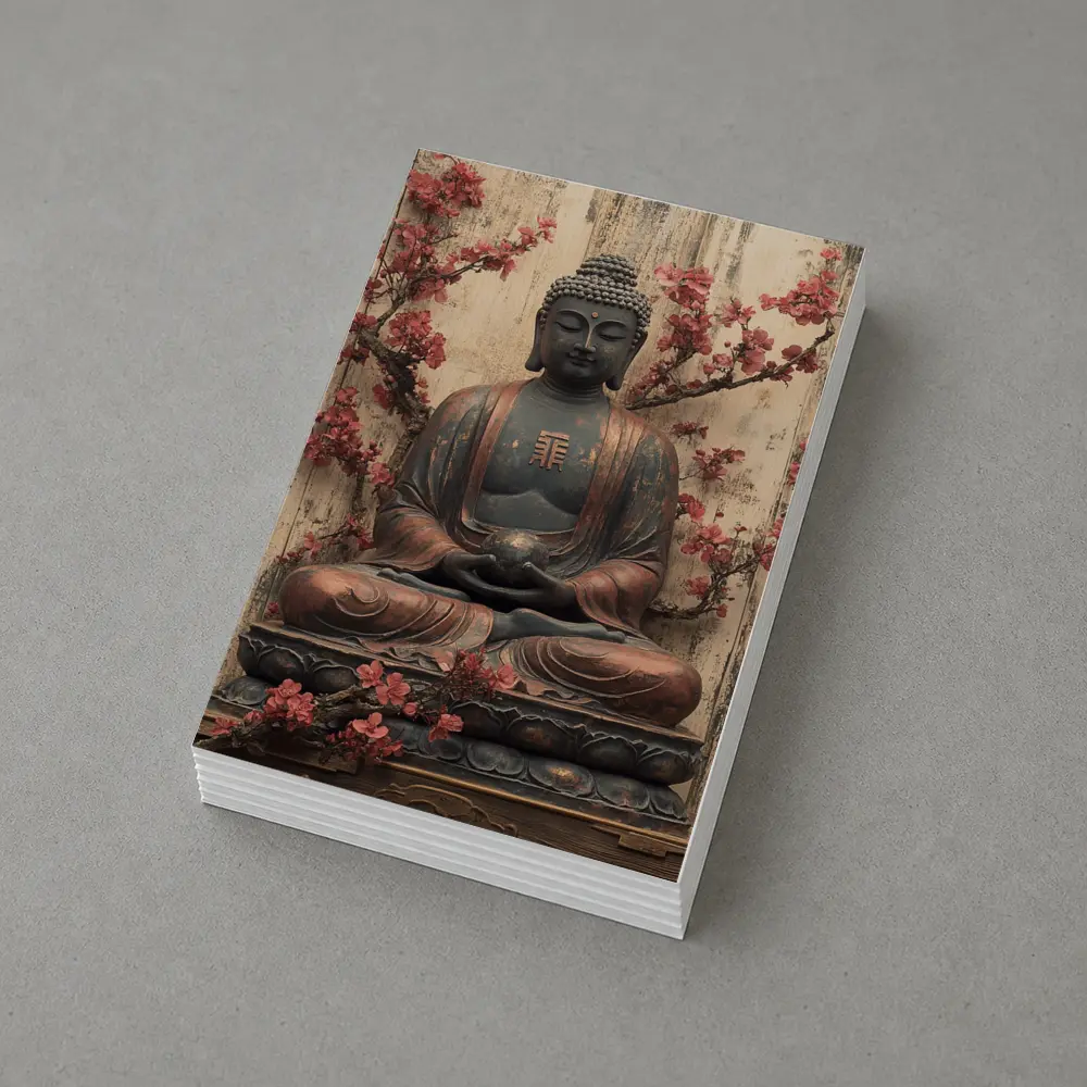 Buddha Statue Cherry Blossoms Rustic Wood Background – Postcards