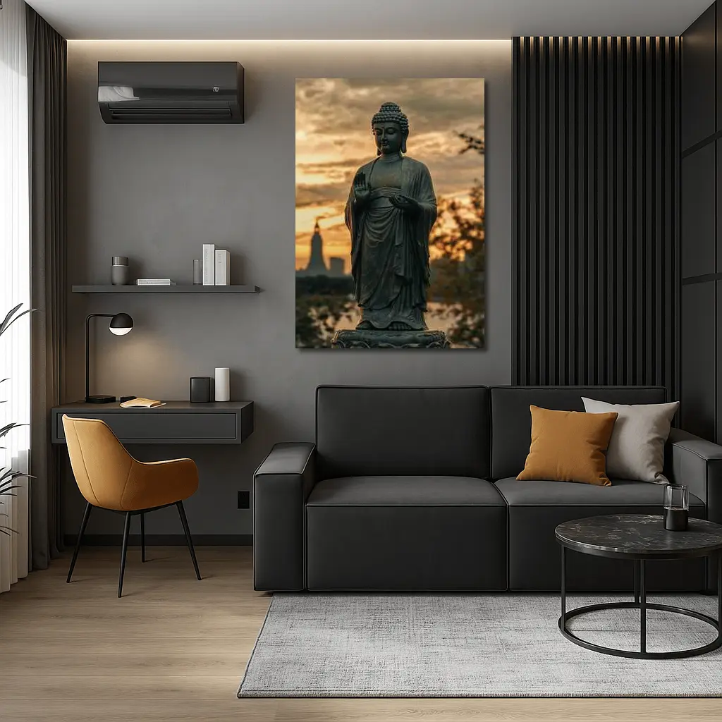 Bronze Buddha Statue Glowing Sunset City – Wall Art