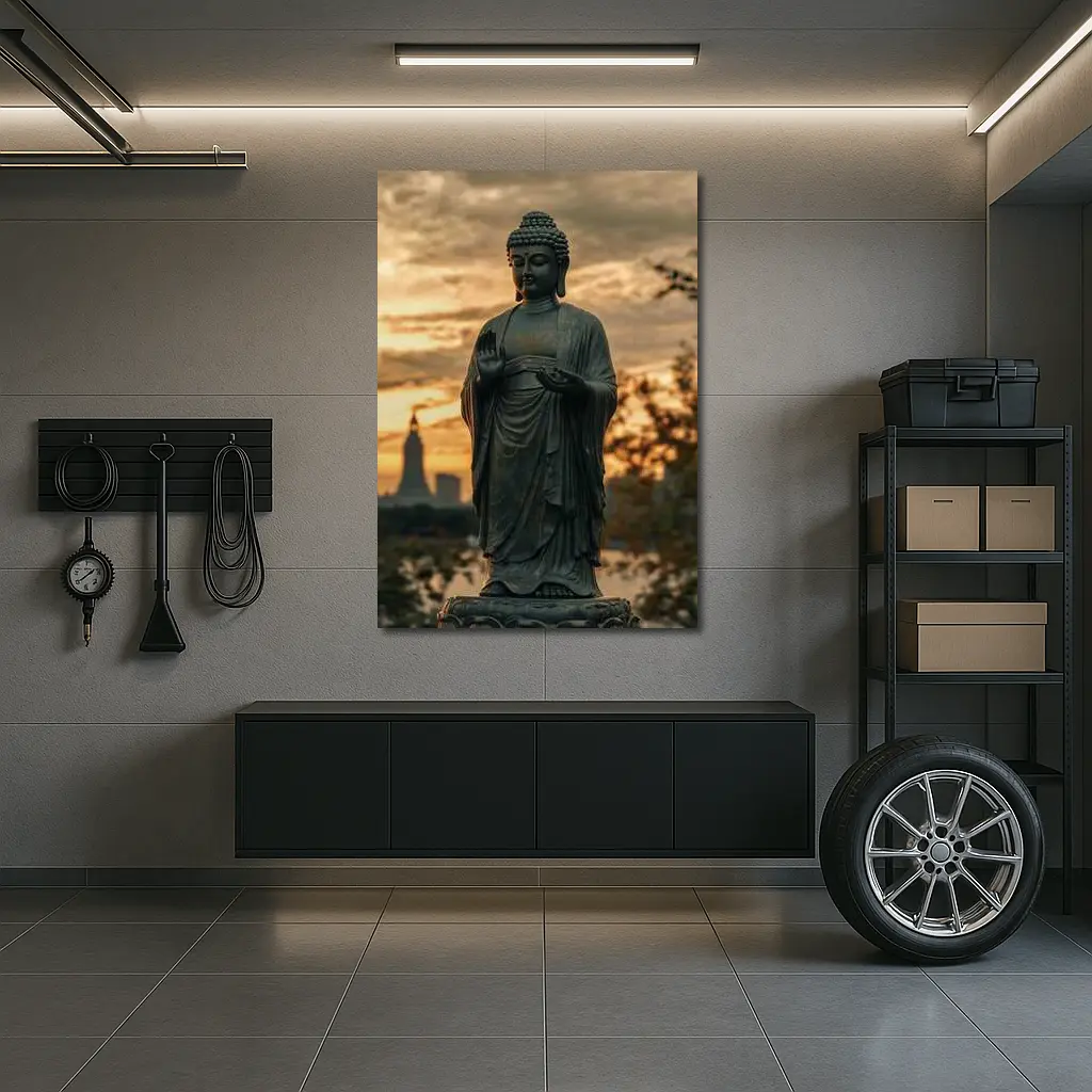 Bronze Buddha Statue Glowing Sunset City – Wall Art