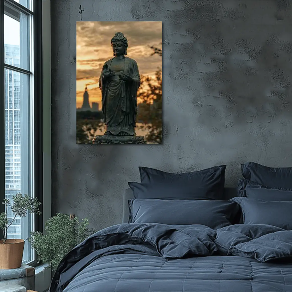 Bronze Buddha Statue Glowing Sunset City – Wall Art