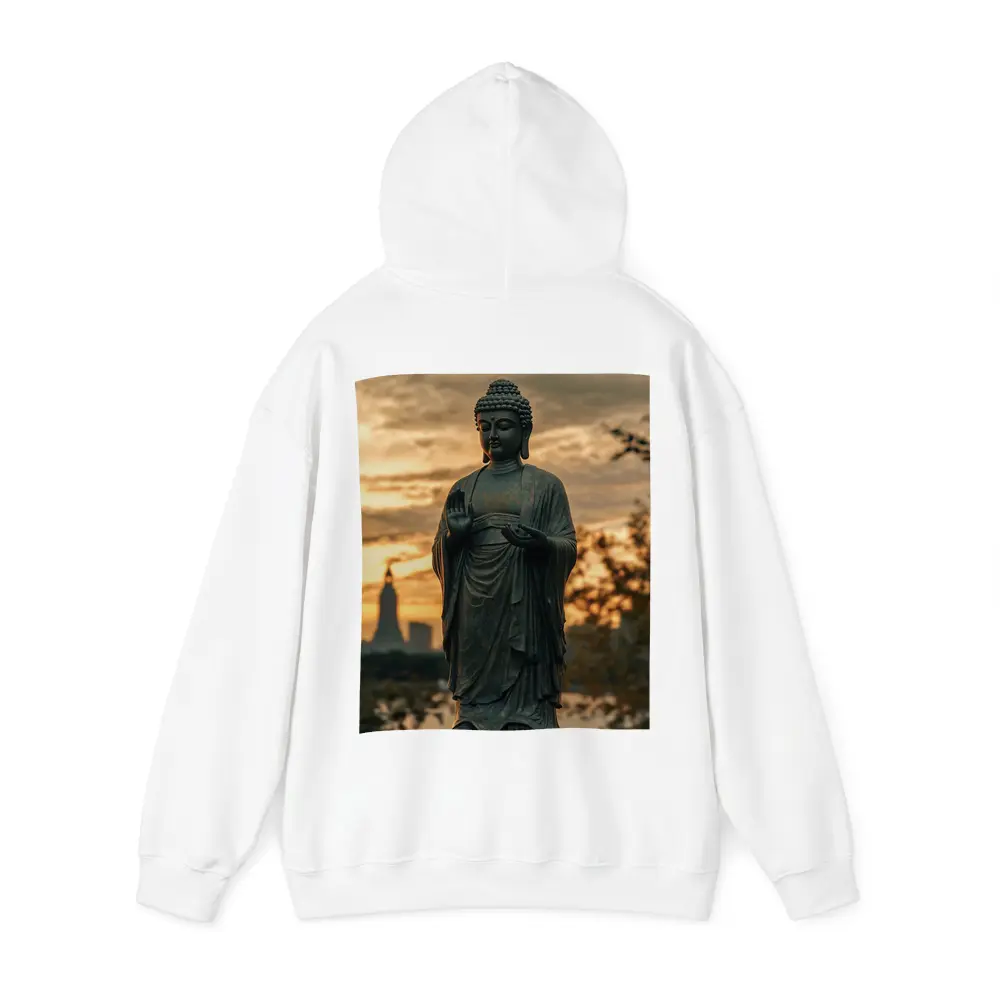 Bronze Buddha Statue Glowing Sunset City – Hoodies
