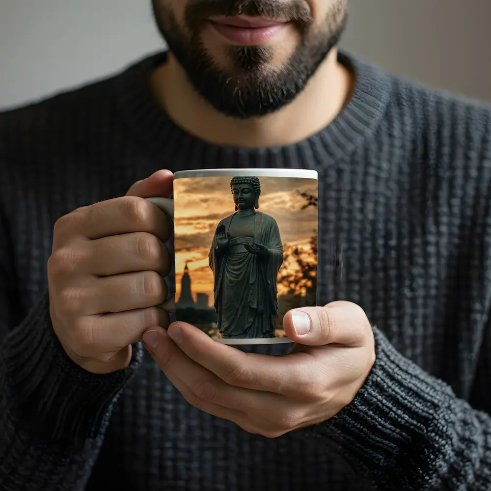 Bronze Buddha Statue Glowing Sunset City – Mugs