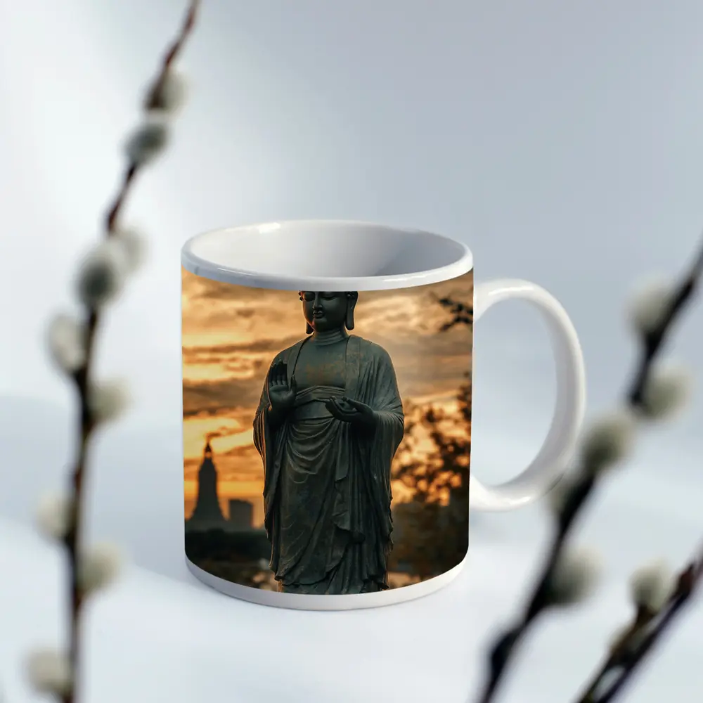 Bronze Buddha Statue Glowing Sunset City – Mugs