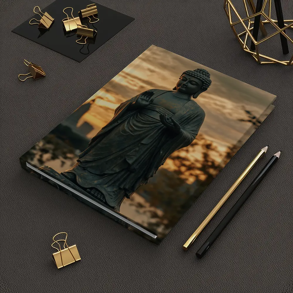 Bronze Buddha Statue Glowing Sunset City – Notebooks