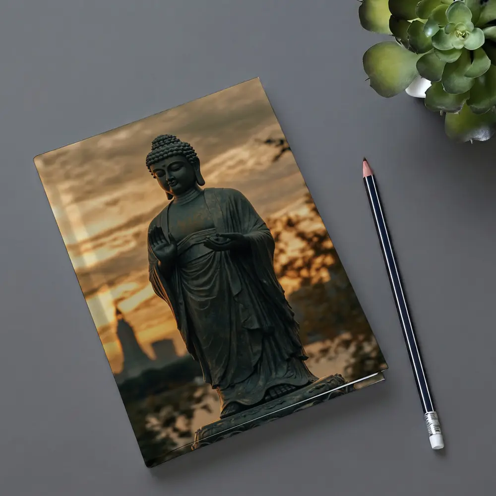 Bronze Buddha Statue Glowing Sunset City – Notebooks