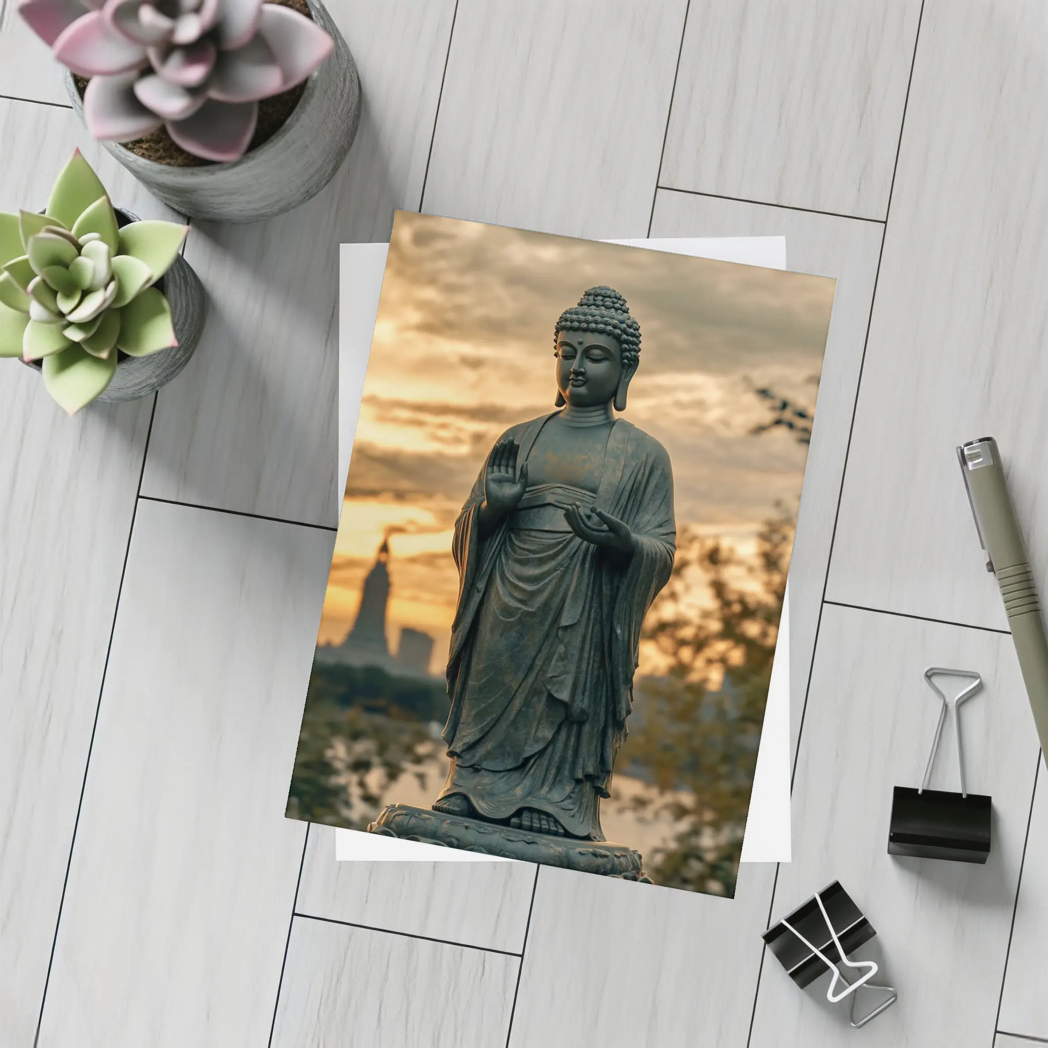 Bronze Buddha Statue Glowing Sunset City – Postcards
