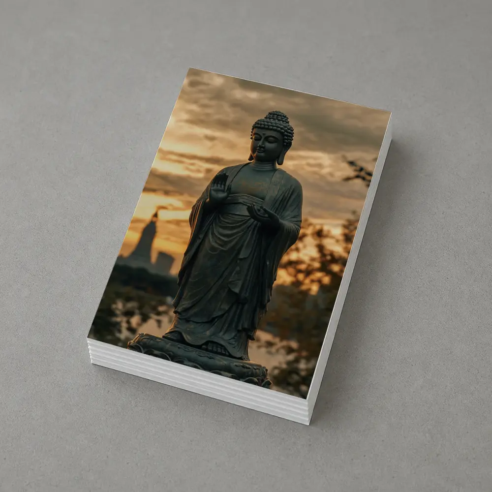 Bronze Buddha Statue Glowing Sunset City – Postcards