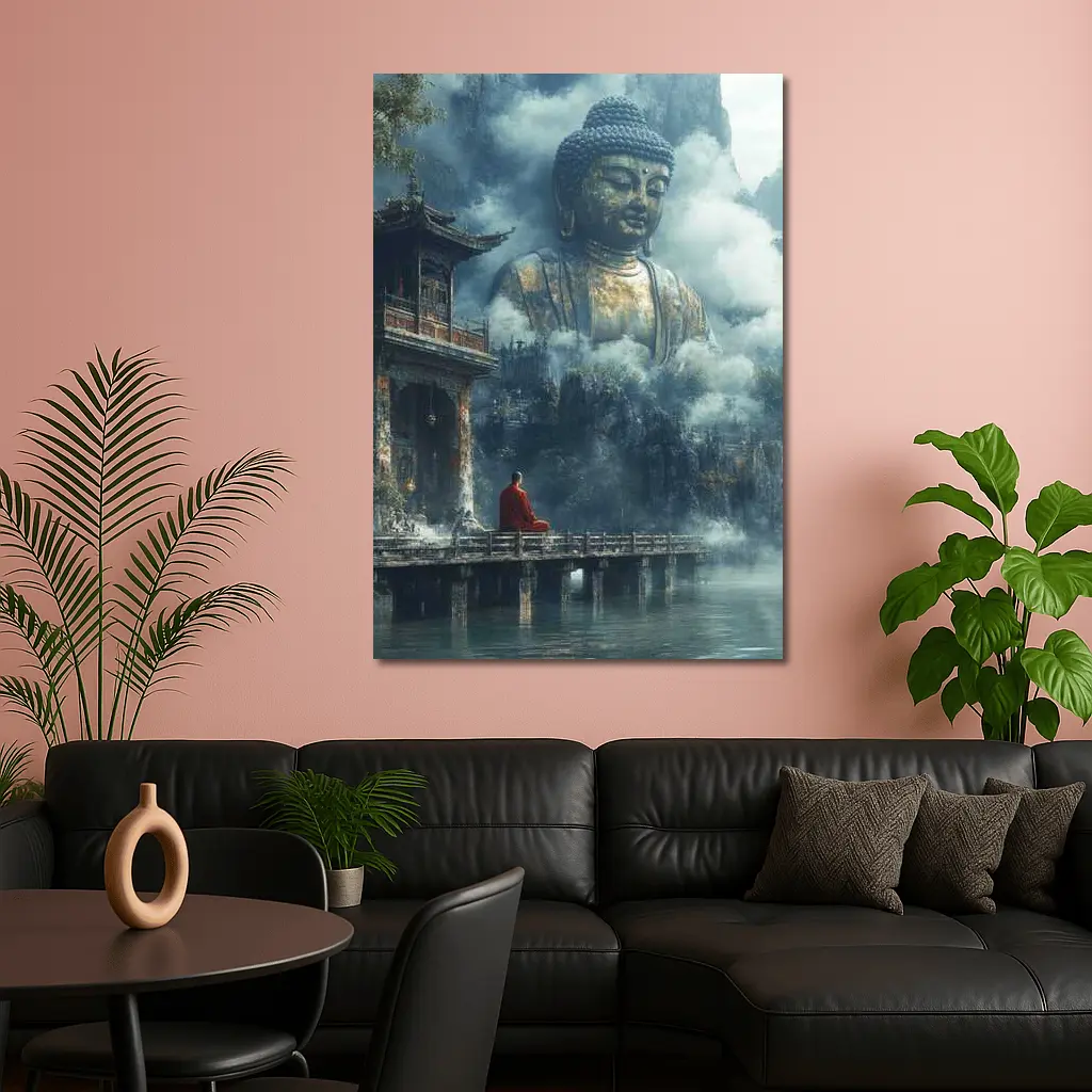 Monk Meditating Before Giant Buddha Misty Mountains – Wall Art