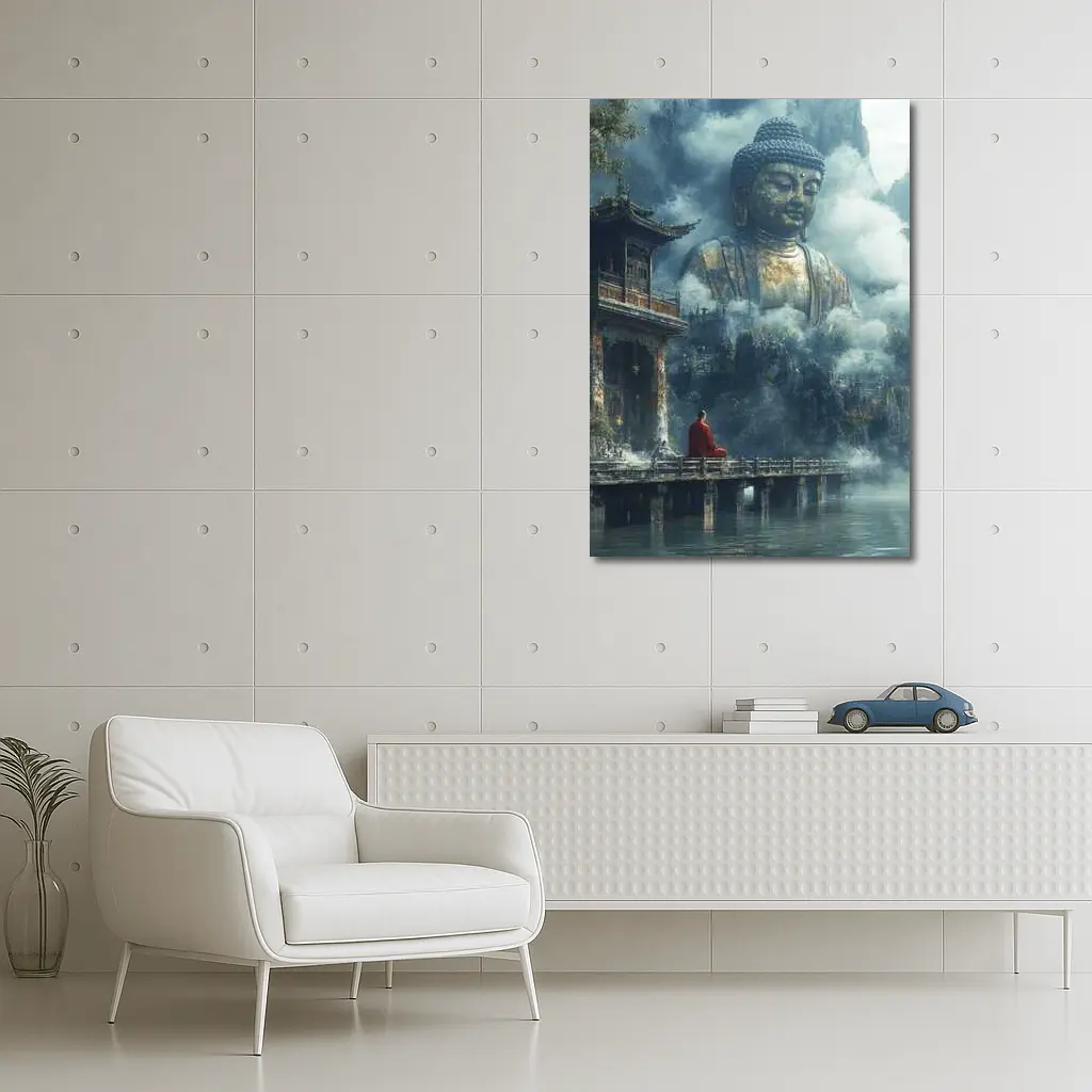 Monk Meditating Before Giant Buddha Misty Mountains – Wall Art